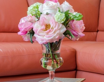 Large Real Touch Orlane Rose Arrangement with Bud Cabbage Rose Artificial Flowers in Glass Vase for Home Decor Artificial Faux