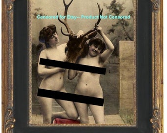 Taxidermy Art Nouveau Art Print 8 x 10 - Flapper Style Art Deco Nudes With Deer Head - MATURE