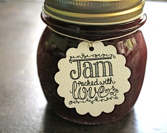 Personalized wedding favor tags, canning tags, 50. Jam Packed with Love design, with name and date. Perfect for jam jar favors.