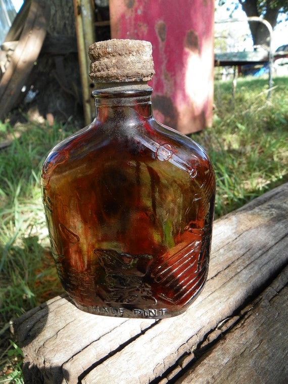 Vintage Brown Glass Bottle Patriot Scene with Ship and Stars