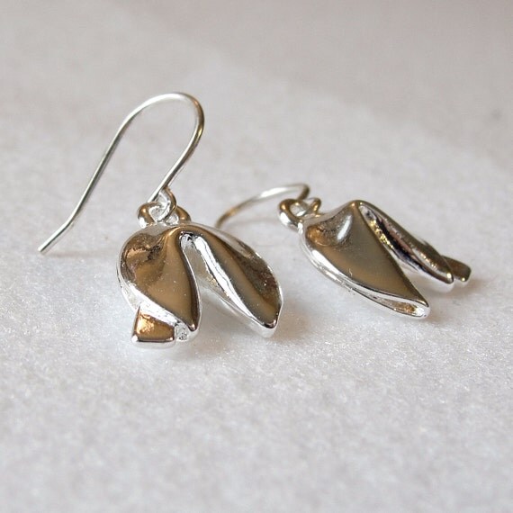 Fortune Cookie silver dangle earrings Lucky fortune hook