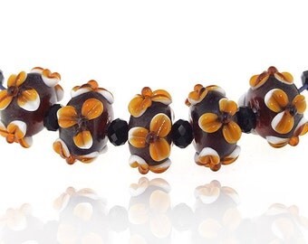 Charm Hole 2mm Candy Handwork Coffee Flower Lampwork Red lampwork Gemstone Beads Rondelle Shape ---- 8mmx15mm ----about 5 Pieces