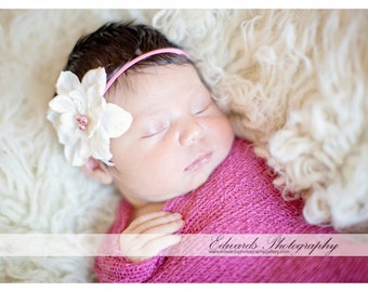Rose and Ivory Silk Baby Flower Headband, Newborn Headband, Baby Girl Flower Headband, Photography Prop