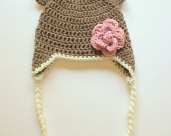 Baby Bear Crochet Earflap and Flower Hat