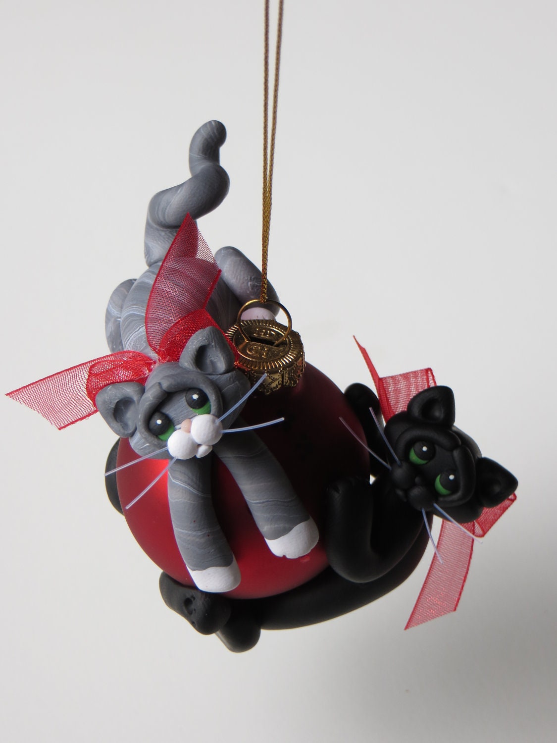 Polymer Clay Cats Christmas Ornament Black and Gray Tabby Cats