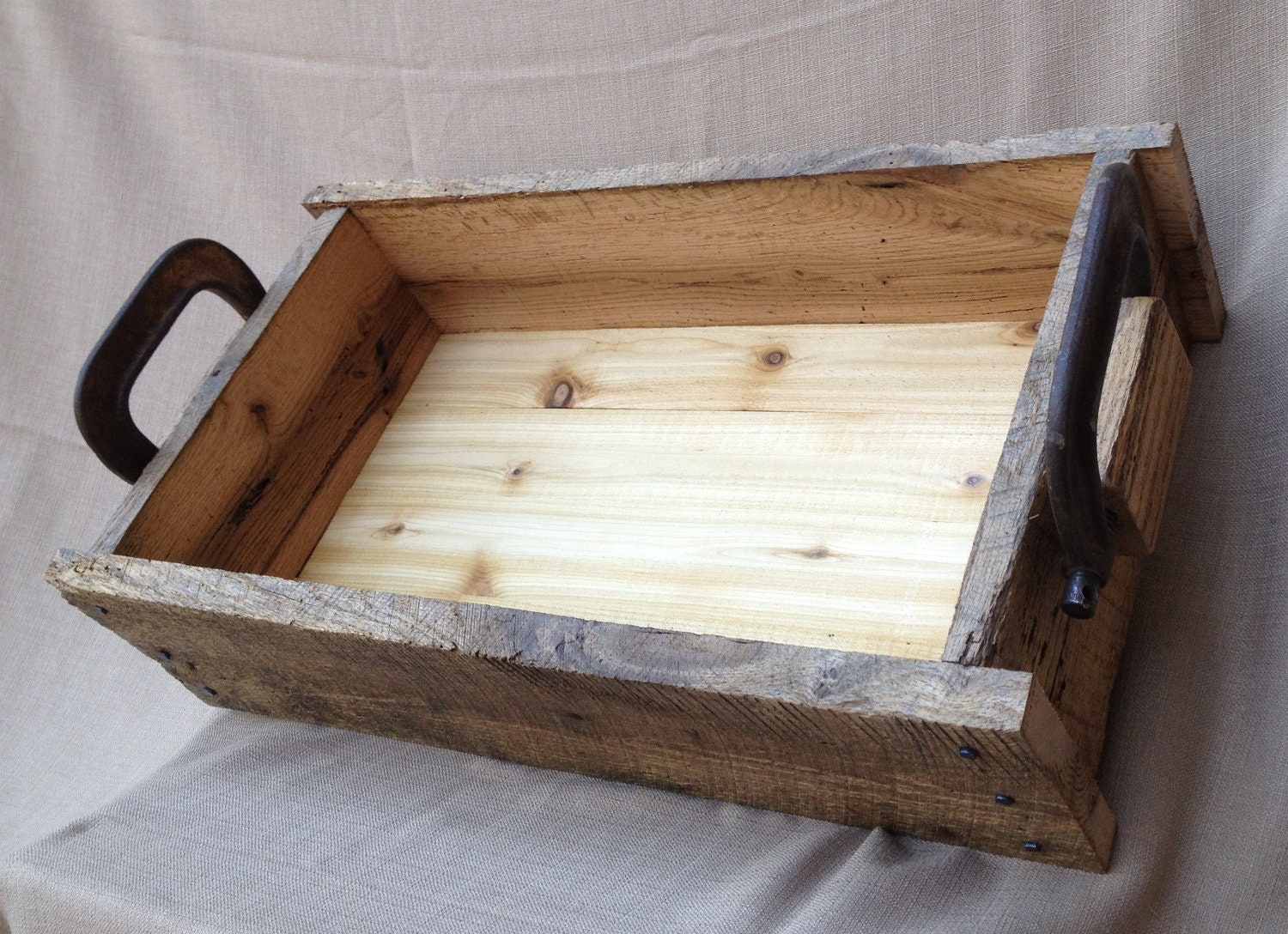 Rustic Wood Tray Box Reclaimed Oak and Repurposed Metal Tool
