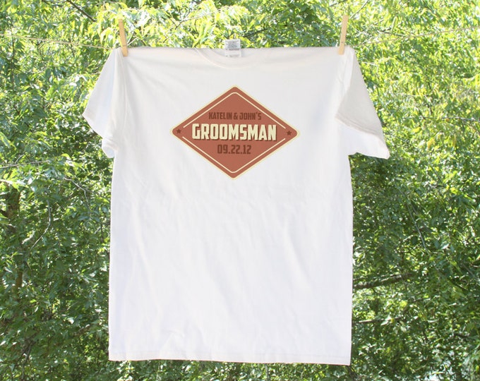 Sign Groomsman Wedding Party Shirt with Bride & Groom's name and Date