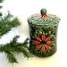 Christmas cookie jar. Holly Leaf Poinsettia Porcelain Cookie Jar. 60s Vintage Houseware Bisquit Jar. Enesco Japan. Green Red CIJ