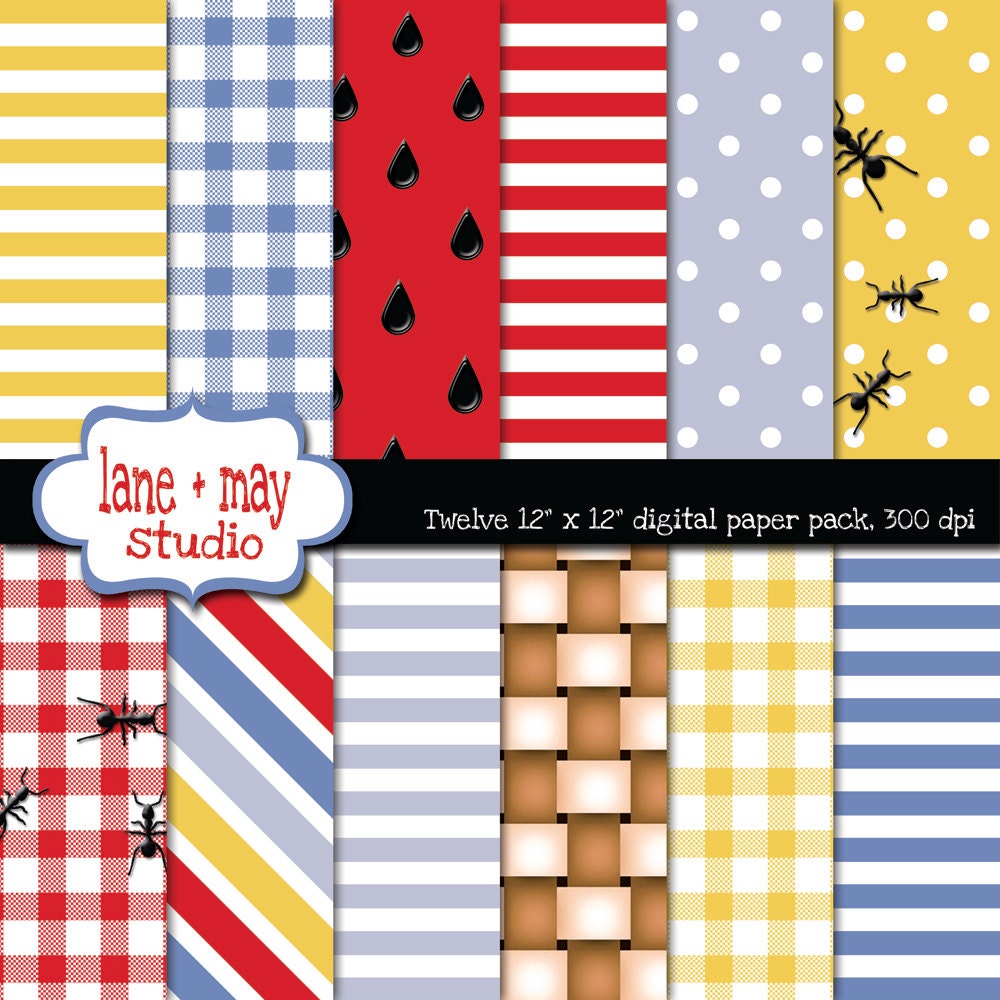 digital scrapbook papers summer picnic patterns INSTANT