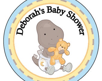 Personalized 2.5" OR 2" Round Baby Dinosaur Baby shower sticker favors 
