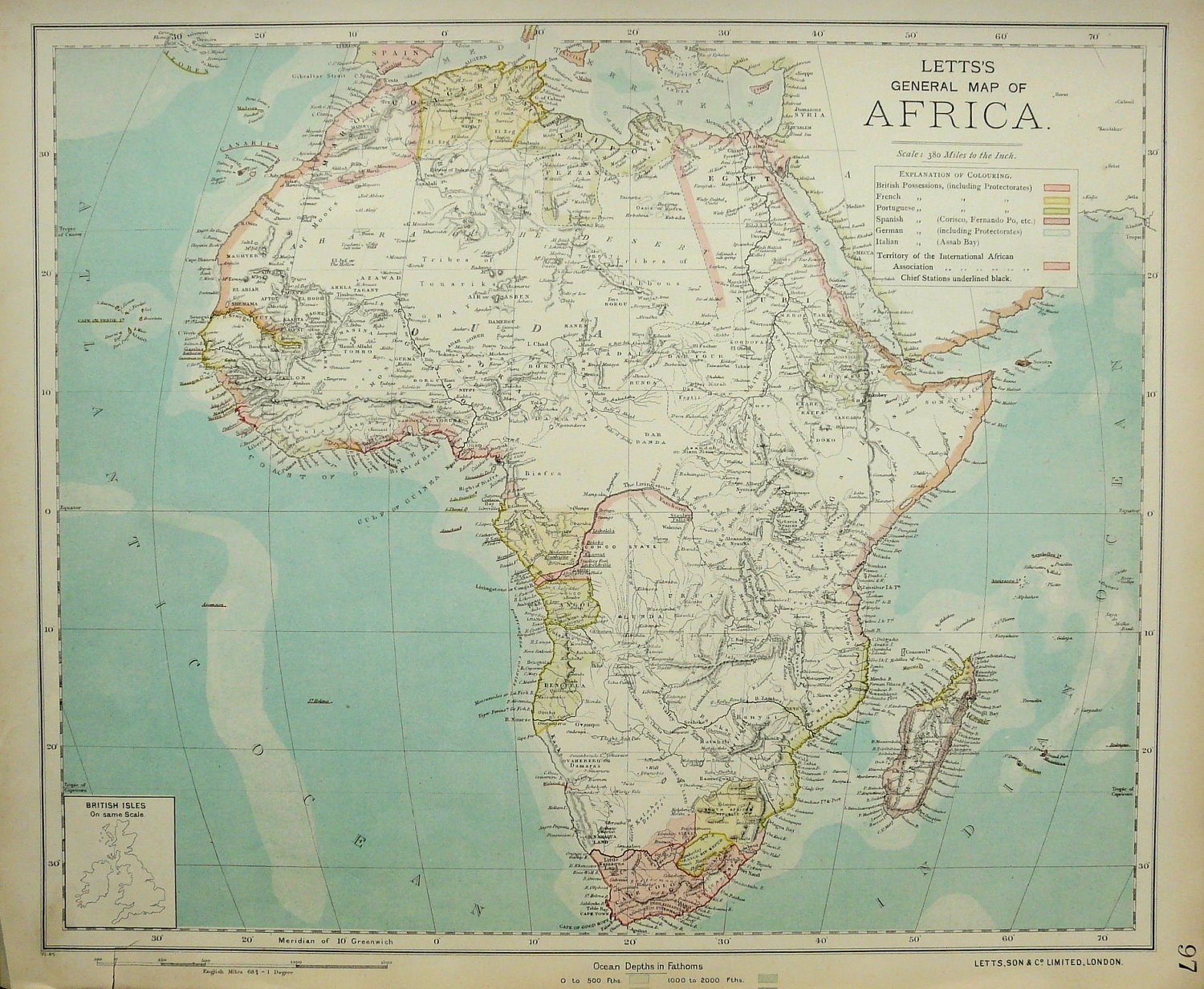 1887 Large antique map of AFRICA. Henry Stanley era. 125 years