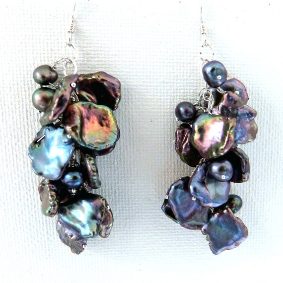 Black Keshi Pearl Cluster Dangle Earrings by TransfigurationsJlry