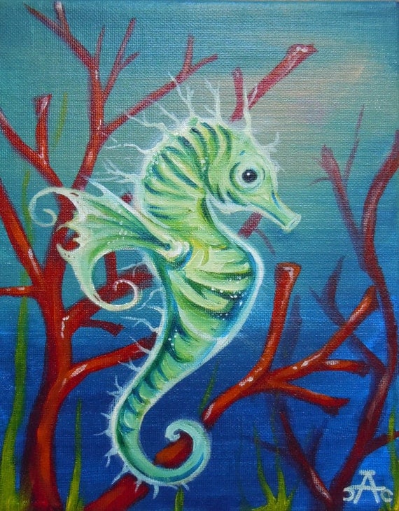 Under The Sea Seahorse Acrylic Painting On 8x10 Canvas