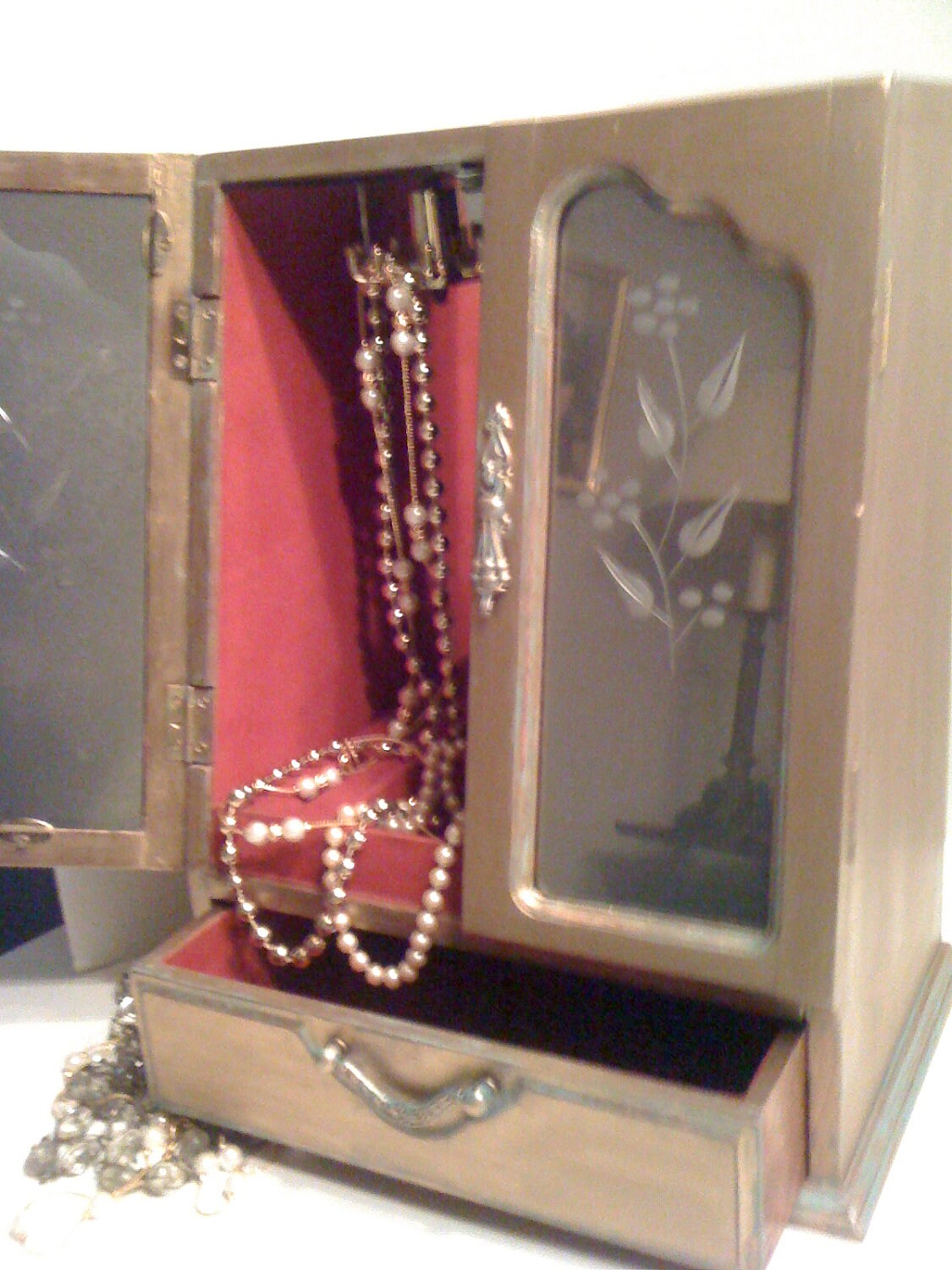 Handpainted Gold Leaf Jewelry Box Armoire with Red Velvet