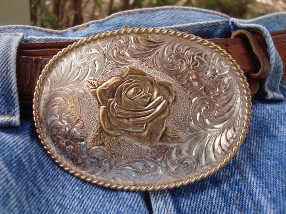 Items similar to Vintage western rose belt buckle, silver plate, Award ...