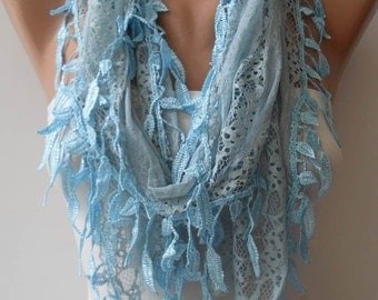 CHRISTMAS, HOLIDAY GIFT, Gifts For Her, Gifts For Women - Gift Scarf - Lace Scarf in Light Blue - with Trim Edge