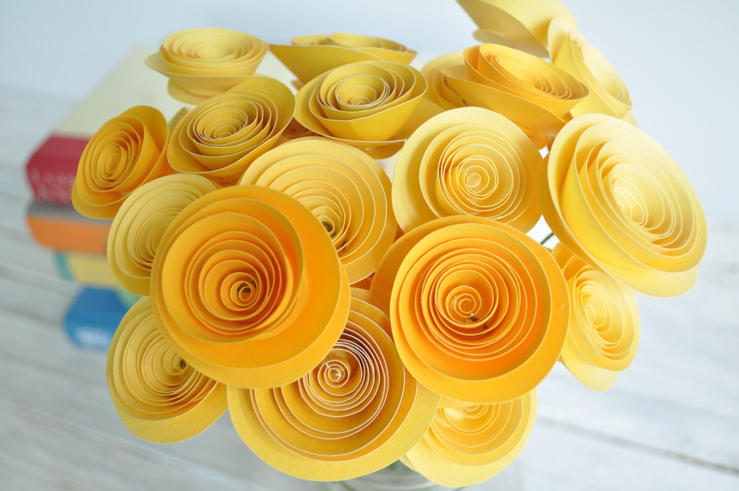 24 Yellow Paper Flowers on Stems Bouquet of Paper Flowers