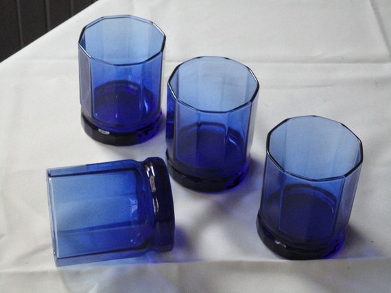 Vintage Cobalt Blue Decagon Shaped Rocks Glasses Set Of Four