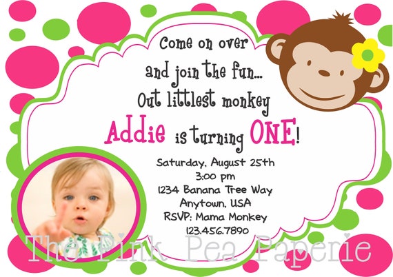 MOD MONKEY 5 x 7 Invitation for a GIRL - Pink & Green Polka Dots Il_570xn