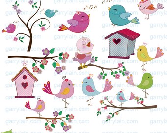 Bird clipart, pink blue,  bird clip art, girl bird, swirl branch, flowers, tree,  bird house, sing,  personal & commercial, CLS-0127