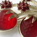 Vintage Sarah Coventry Strawberry Brooch in Red Lucite and Ruby Rhinestone Gold Tone Signed 1960s Pin