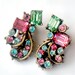 CLAUDETTE Rhinestone Earrings Signed 1950s Rare Collectable Jewelry Antiqued Gold Scrollwork Pink Green Blue