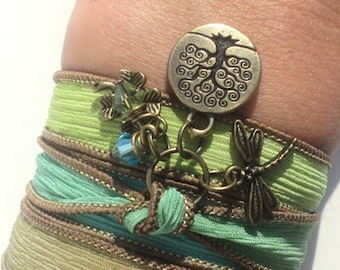 Tree of Life Dragonfly Silk Wrap Bracelet Yoga Jewelry Om Namaste Bohemian Jewelry Gift For Her Earthy Unique Gift Under 50 Item Z82