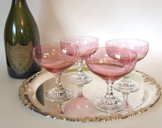 Vintage Pink Crystal Champagne Coupe Glasses Set of 4