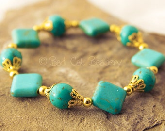Blue Turquoise Stretch Bead Bracelet Blue Turquoise Gold Bead