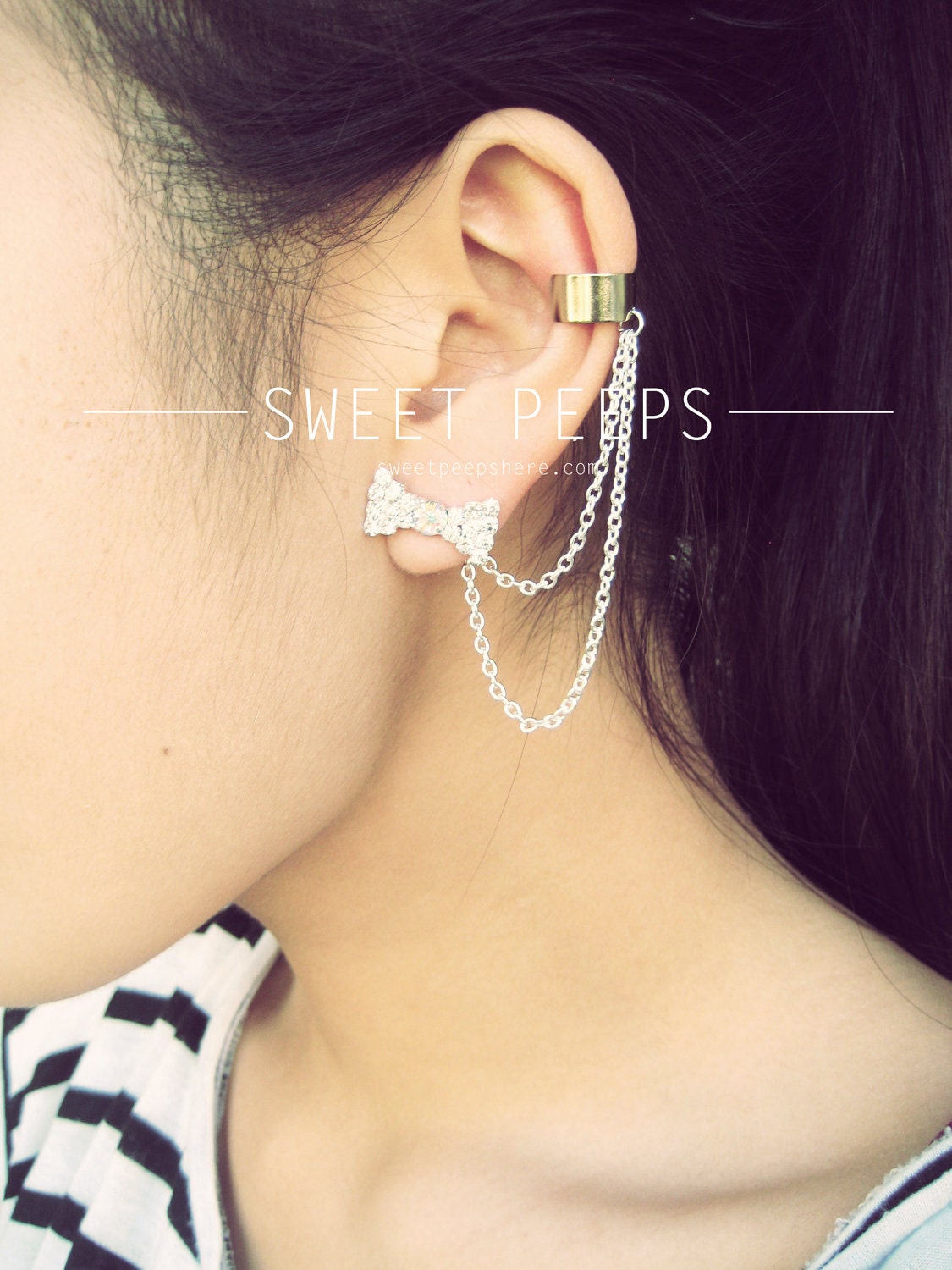 Rhinestone Bow Stud Ear Cuff Set
