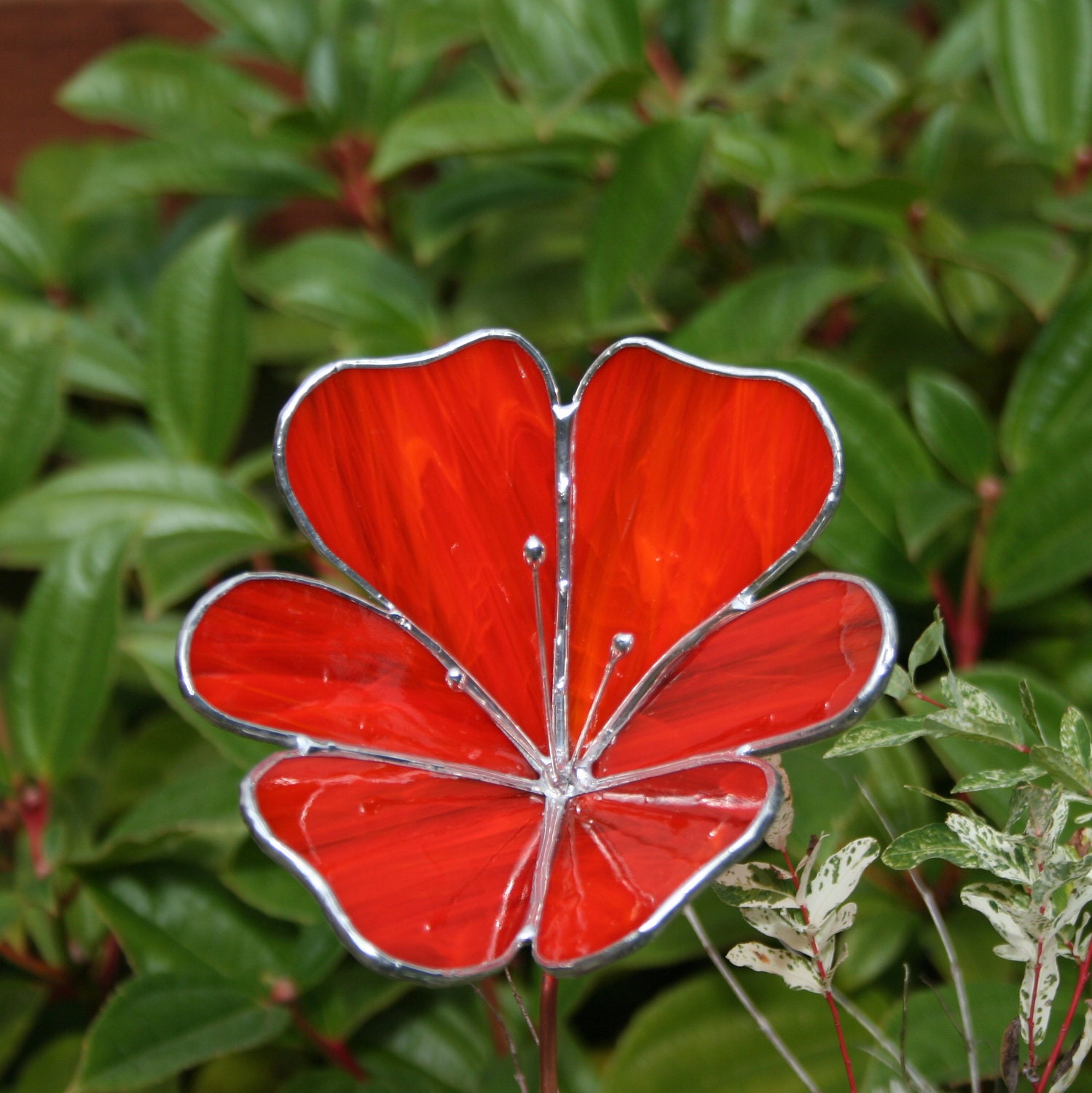 Stained Glass Flower Garden Ornament Poppy Orange Glass