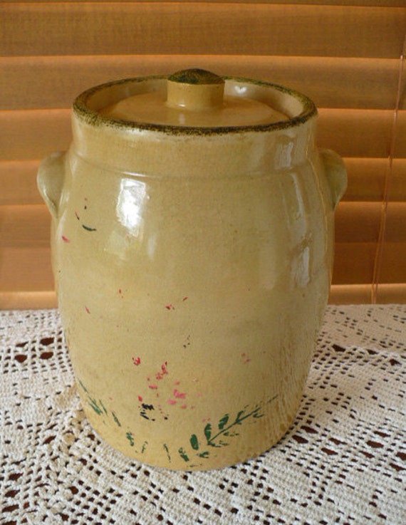 Primitive Pottery Crock Cookie Jar Antique by VintageatElsiesPlace