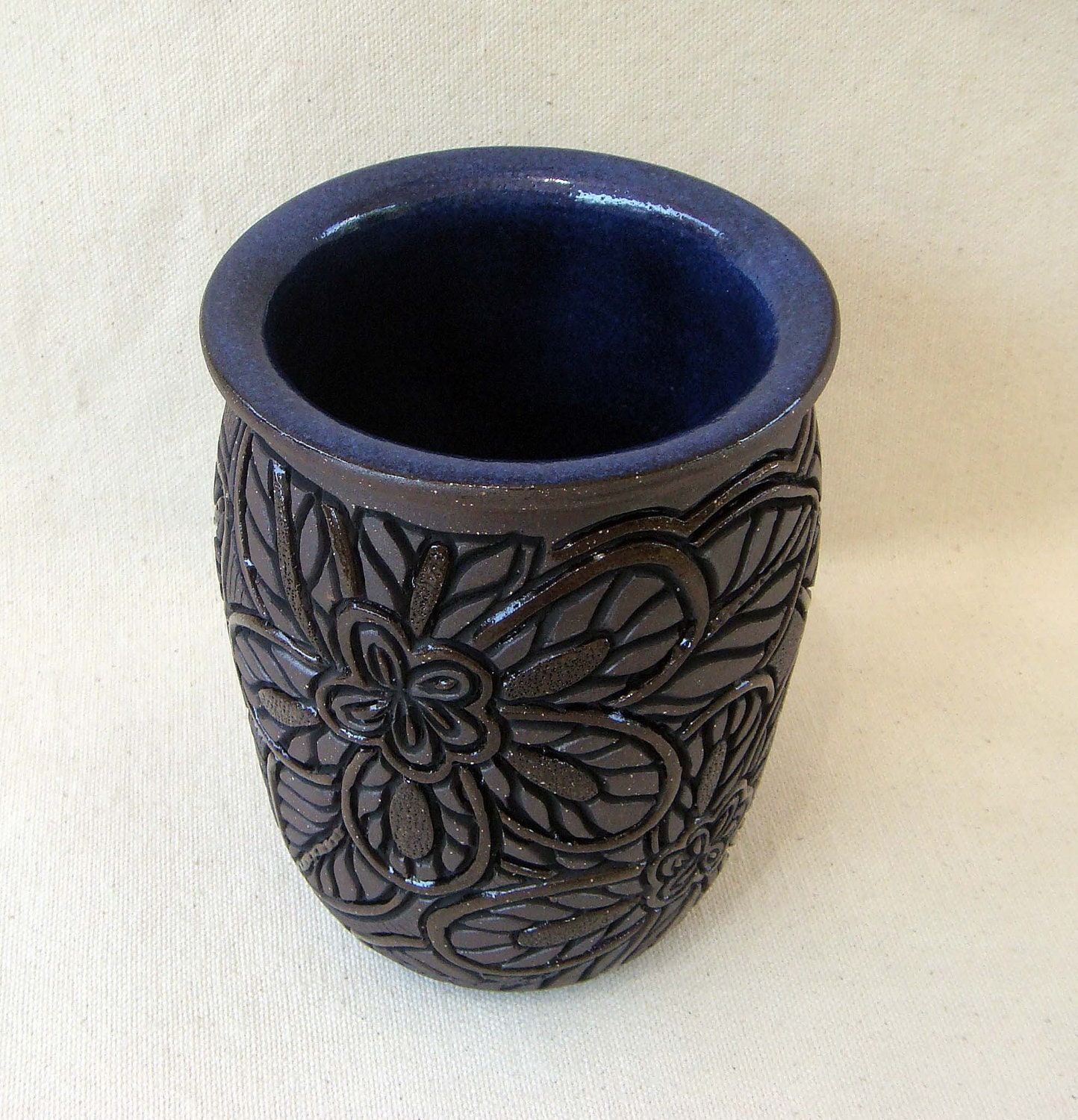 ON SALE Pottery Hand Carved Vase with Flower Desgin
