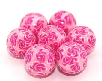 Round beads in pink and white, rose pattern beads, Polymer clay beads, set of 7 elegant beads