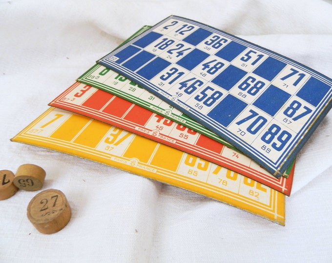 4 Vintage French Loto Cards / French Brocante Decor / Fleamarket / Vintage Games / Home Decor / Lottery / Bingo / Vintage Retro Interior