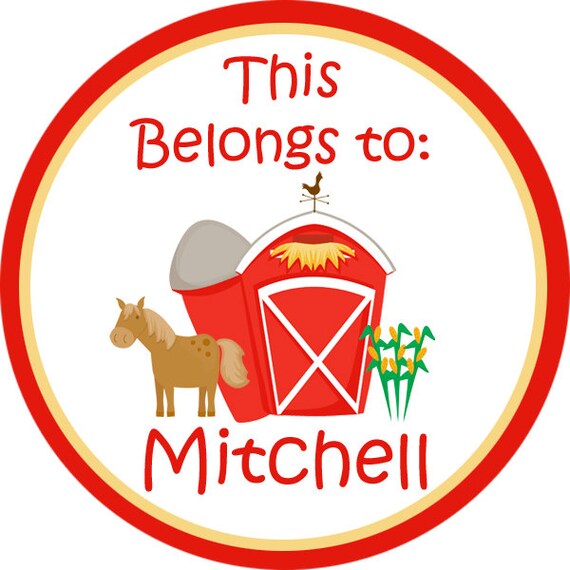 Name Tag Stickers Red Barn and Horse Farm by PurpleBerryInk