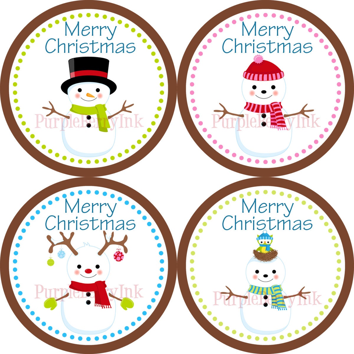 Snowman Stickers Cute and Silly Pink Green Blue Winter