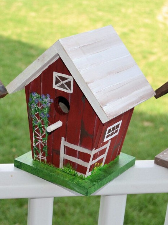 Items similar to Hand painted, Red & Rustic inspired barn birdhouse on Etsy