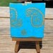 Blue and Gold Flowers on Mini Canvas with matching Gold Easel, Small Painting, Mini Easel