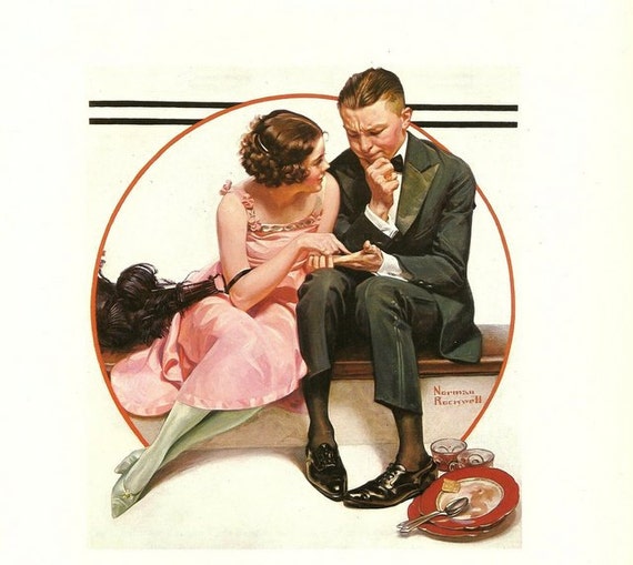 Norman Rockwell Art Print Fortune Teller Romantic Couple Pink