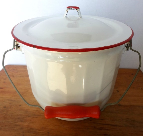 Vintage White Enamel Bucket with Lid Red Rim