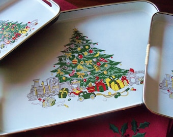 3 Vintage Nesting Christmas Holiday Trays