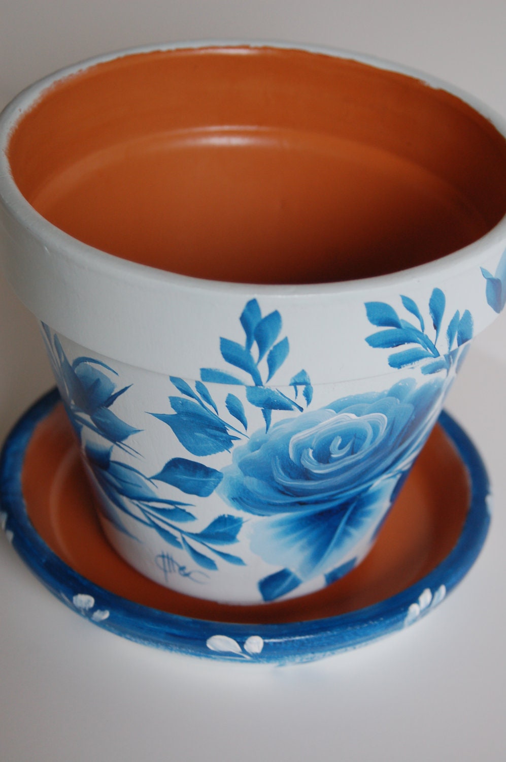 6 inch Hand Painted clay  flower  pot  with a matching saucer