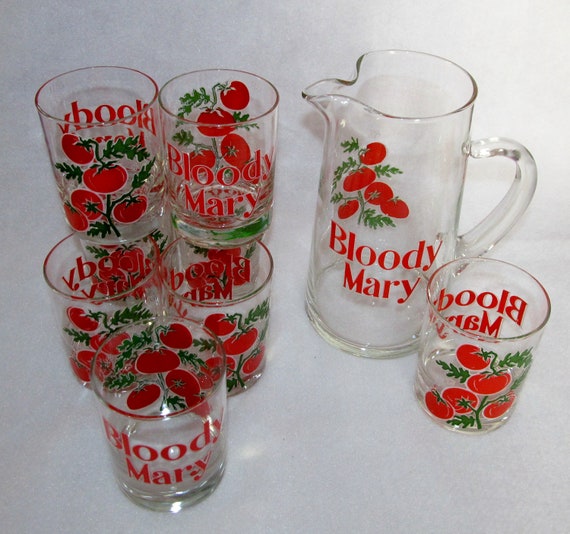 Vintage Barware Bloody Mary Pitcher and 8 Drinking Glasses