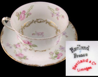 Antique Limoges Haviland Pink Floral Cup and Saucer Set - France