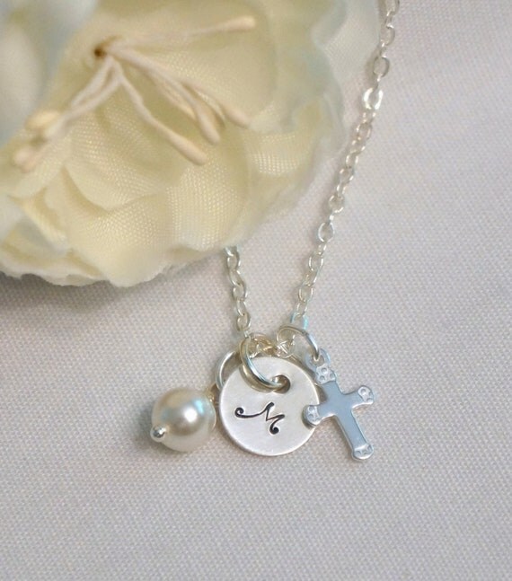 Christening Gift Baptism Gift Silver Cross Necklace Birthstone