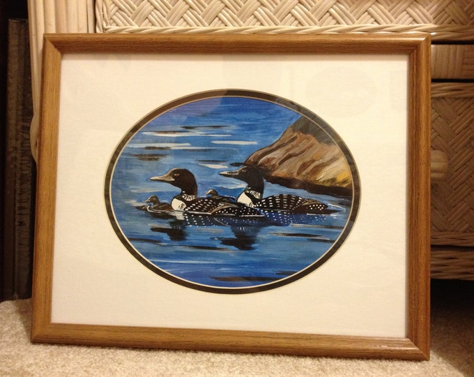 Loon Family - Acrylic painting on Canvas - oval matte, 12 x 14 wood frame