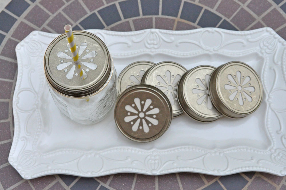 6 Antique Gold Daisy Cut Mason Jar Lids Straw Lids Rustic