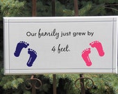Personalized names in foot print - Twins wall plaque gift - Our family just grew by 4 feet. New baby. Solid wood sign 11x22 boy or girl