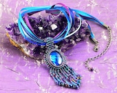 Blue & Purple Hand Beaded Paua Shell Ribbon Necklace - EnchantedSoulUK